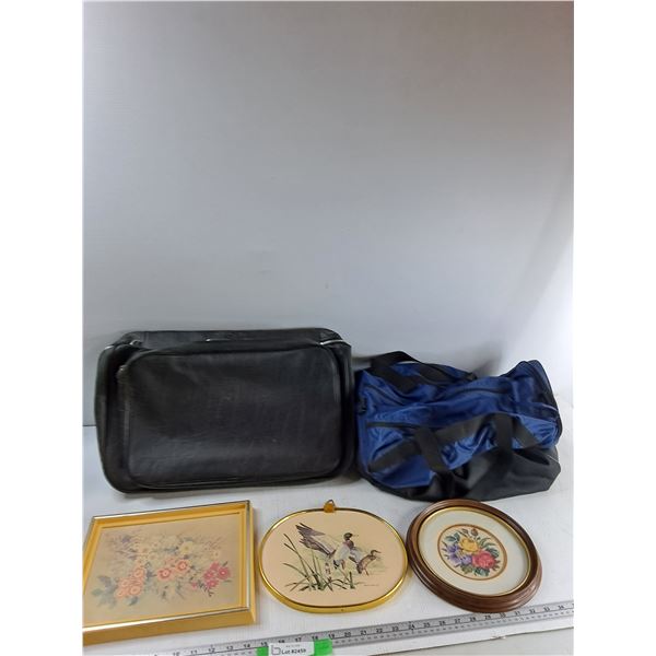 (3) Bags, (3) Pictures, Flower Painting 12'' x 9.5'', Duck Painting 10'' x 9'', Misc