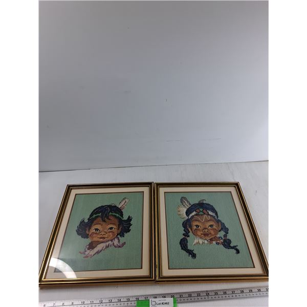 (2) Framed First Nation Needlepoint Artwork - 13.5'' x 15''