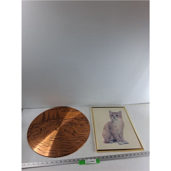 Framed Cat Picture 12'' x 16'', Round Copper Trout Artwork 17.5''
