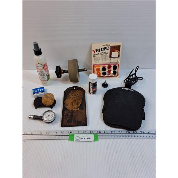 Lot: Rounding Grinding Stone, Velcro, Knee Pads, Pressure Gauge, Misc