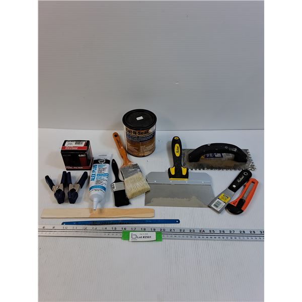 Handy Tool Lot: Drywall Mudding Knives, X-acto Knife, Metal Saw Blade, Clamps, Fuel Filter, Misc