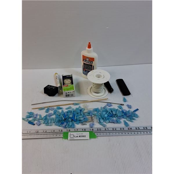 Lot: Elmer's Glue, Various Electrical Ends, Electrical Outlet, Misc