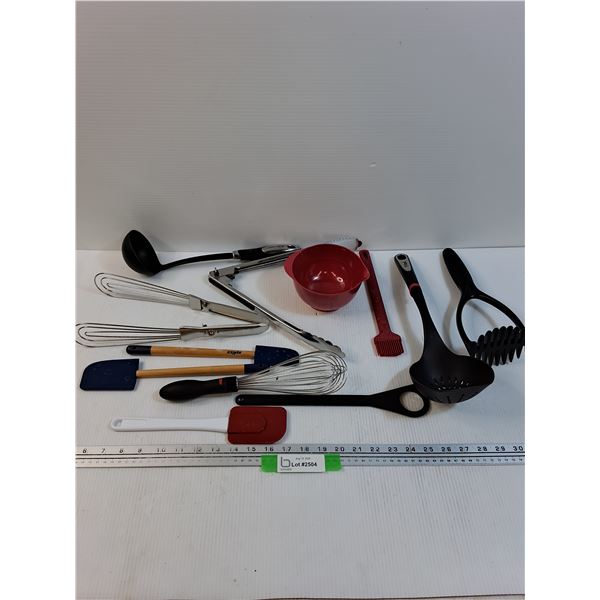 Various Kitchen Utensils: Whisk, Ladle, Masher, Spatulas, Misc