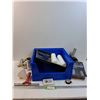 Image 1 : Lot: Blue Storage Basket, Squeegee, Paint Rollers, Hose, Cards, Packing Tape Dispenser, Misc