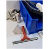 Image 2 : Lot: Blue Storage Basket, Squeegee, Paint Rollers, Hose, Cards, Packing Tape Dispenser, Misc