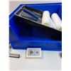 Image 3 : Lot: Blue Storage Basket, Squeegee, Paint Rollers, Hose, Cards, Packing Tape Dispenser, Misc