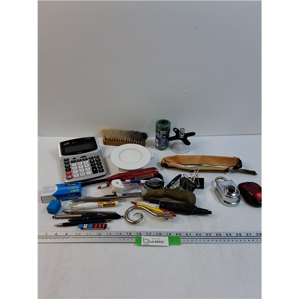 Lot: Staples Calculator, Helmet Liner, Pot Light, Drafting Brush, Twine, Misc