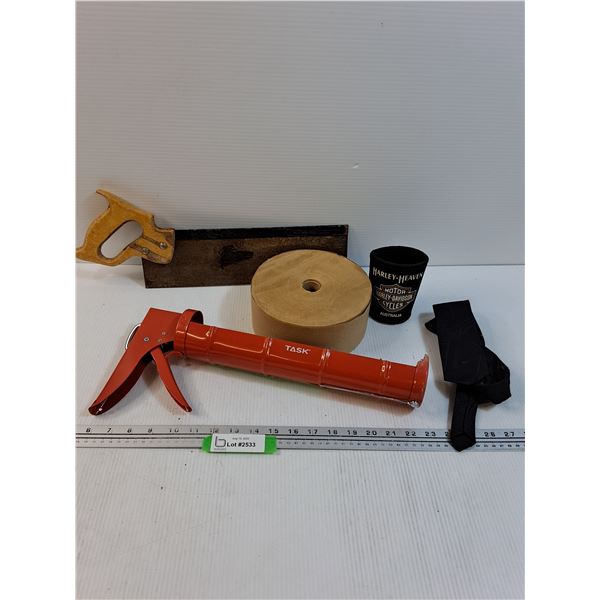 Task Extra Large Caulking Gun, Wood Saw, Harley Davidson Can Holder, Misc