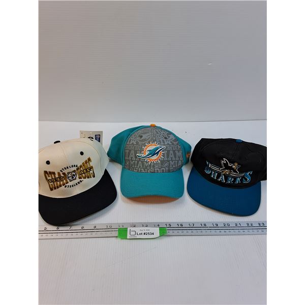 (3) Baseball Hats: San Jose Sharks, 1995 Steelers, Miami Dolphins