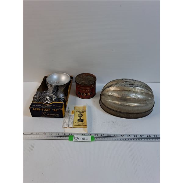 Acro-Flash "45" Camera w/Manual, Myrtle Tobacco, Antique Bread Pudding Mold Tin