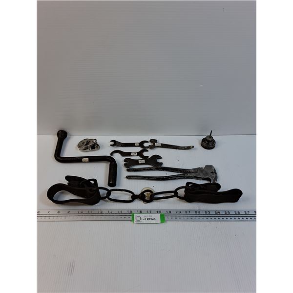 Vintage Horse Hobbles, (4) Vintage Spanner Wrenches (Assorted), Fencing Pilers, Misc