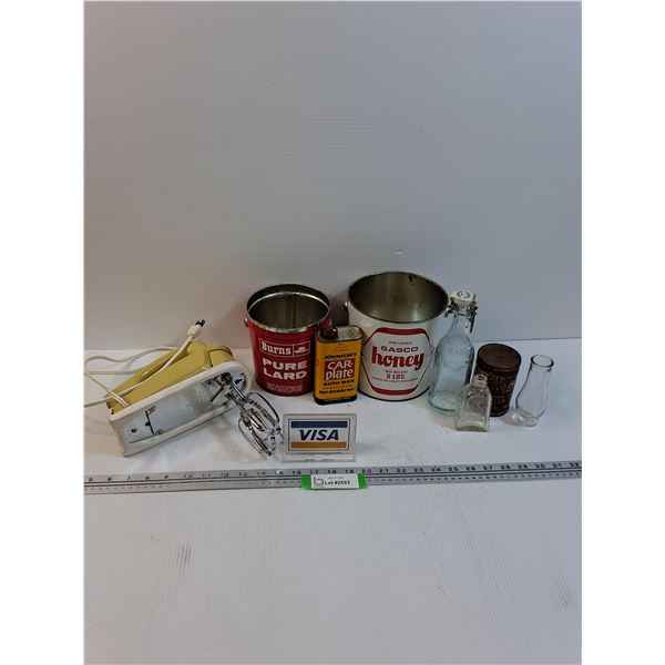 Vintage General Electric Mixer - Powers On, (2) Tins: Honey & Lard, Cream of Tartar, VIntage Glass B