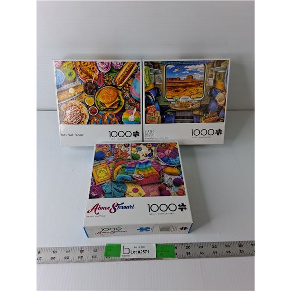 (3) 1000 Piece Puzzles- 'Fun Fair Food, Monument Valley Train Ride, Vintage Knitting' - COMPLETE