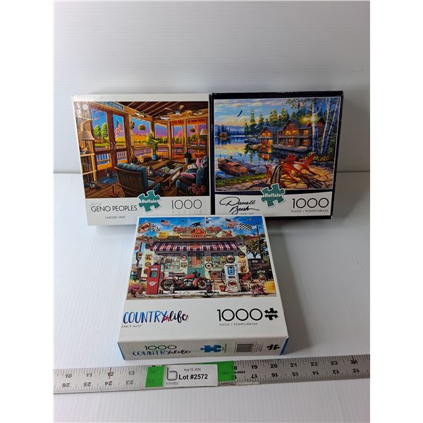 (3) 1000 Piece Puzzles- 'Lakeside View, Loon Lake, Earl's Auto' - COMPLETE