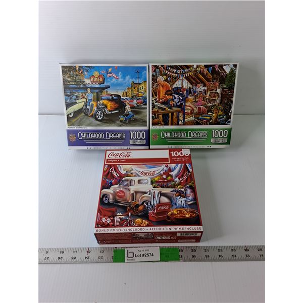 (3) 1000 Piece Puzzes- 'Hot Rods & Milkshakes, Playtime in the Attic, Coca-Cola Tailgate' - COMPLETE