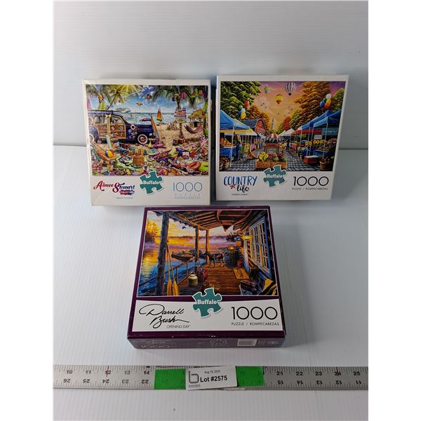 (3) 1000 Piece Puzzles- Beach Vacation, Farmer's Market, Opening Day' - COMPLETE