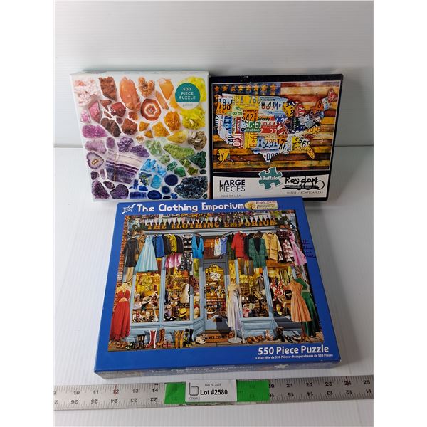 (3) Puzzles- Crystals, Road Trip U.S.A., The Clothing Emporium - COMPLETE