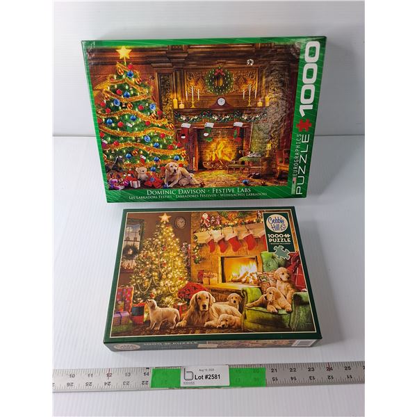 (2) 1000 Piece Puzzles- 'Festive Labs, Cozy Fireplace'  - COMPLETE
