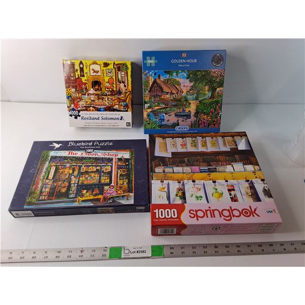 (4) 1000 Piece Puzzles- Puppies Come to Tea, Golden Hour, The Bookshop Kids, Parisian Library'