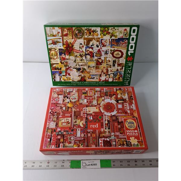 (2) 1000 Piece Puzzles- 'Vintage Christmas Cards, Red' - COMPLETE