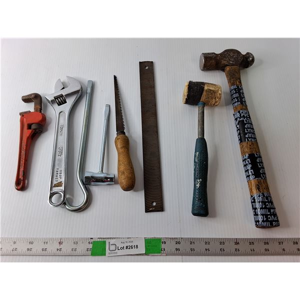 Tool Lot- File, Rubber Mallet, 12 Inch Crescent Wrench, Misc.