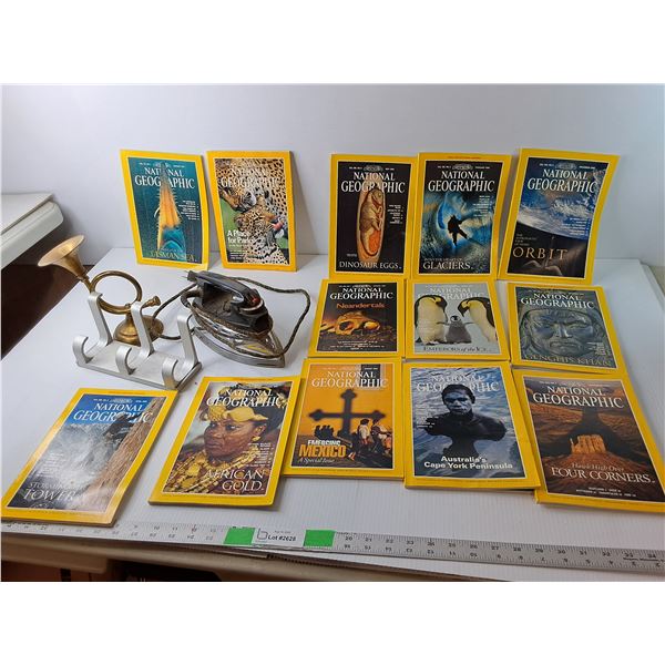 (13) National Geographic Magazines- 96/97, Vintage Iron- Powers On, Wall Coat Hanger, Horn Candlehol