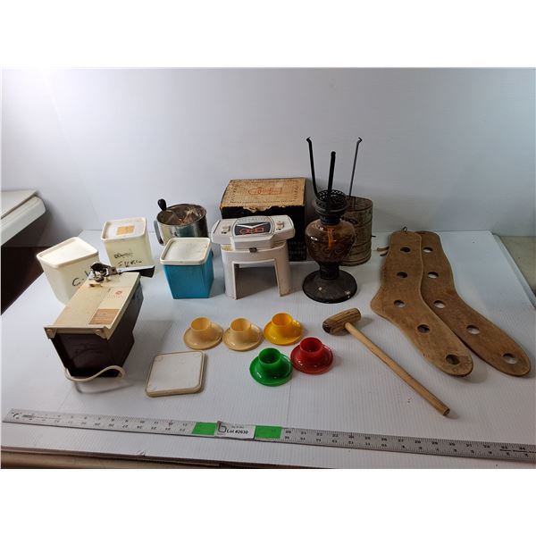 Vintage Lot-(2) Sock Stretchers, (2) Sifters, Electric Can Opener- Powers On, Misc.