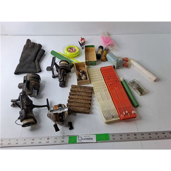 Fishing Lot- (4) Reels, Glove, (2) Hook Holders, Misc.