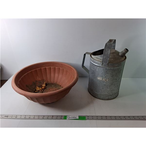Plastic Planter 17" & Metal Watering Can 14" Tall