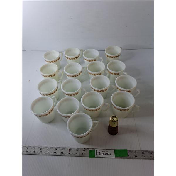 (17) Pyrex Mugs & Wooden Pepper Shaker