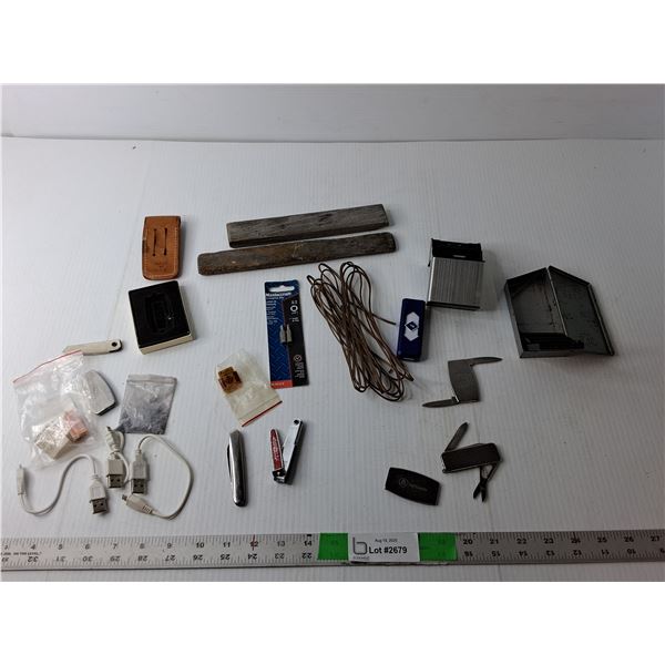 (3) Micro USB Cords, (2) Sharpening Stones, (2) Screwdriver Bits, Misc.
