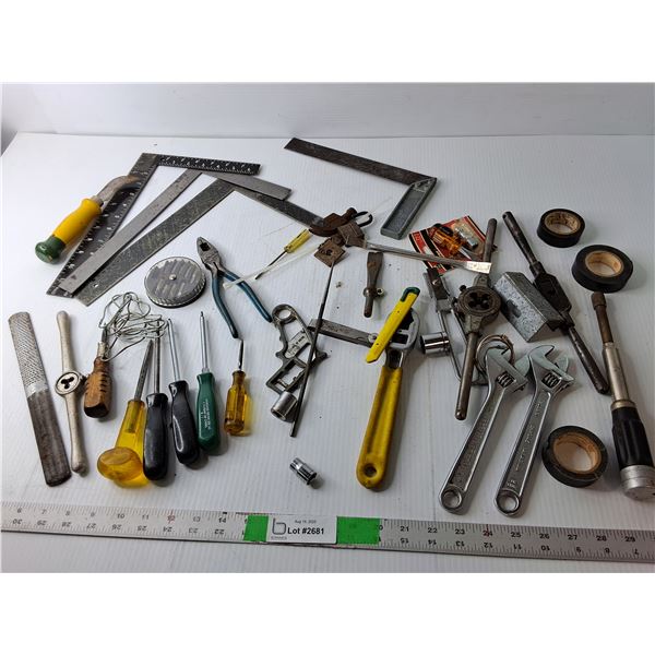 Tool Lot- (4) Squares, Screwdrivers, File, Misc.