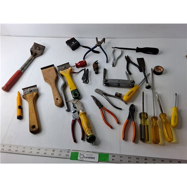Tool Lot- Hex Key Set, Pliers, Paint Scrapers, Misc.