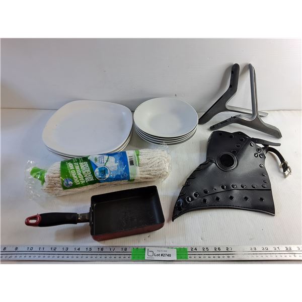 Ceramic Dining Plates, Square Frying Pan 7" x 4", Looped Mop and Halloween Mask
