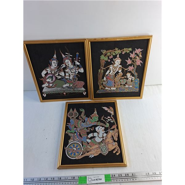 (3) Framed Asian Embroidery Wall Art 11" x 12"