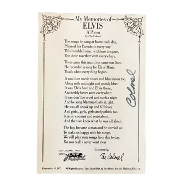 Elvis Presley Memories Poem Page/Hilton Postcard