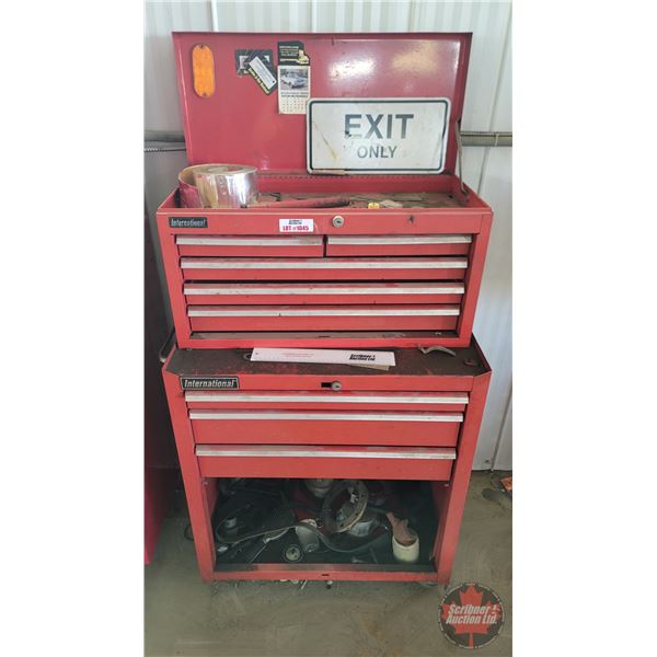 International Top & Bottom Rolling Tool Box w/CONTENTS! (Incl. Assortment Wrenches & Other Small Too