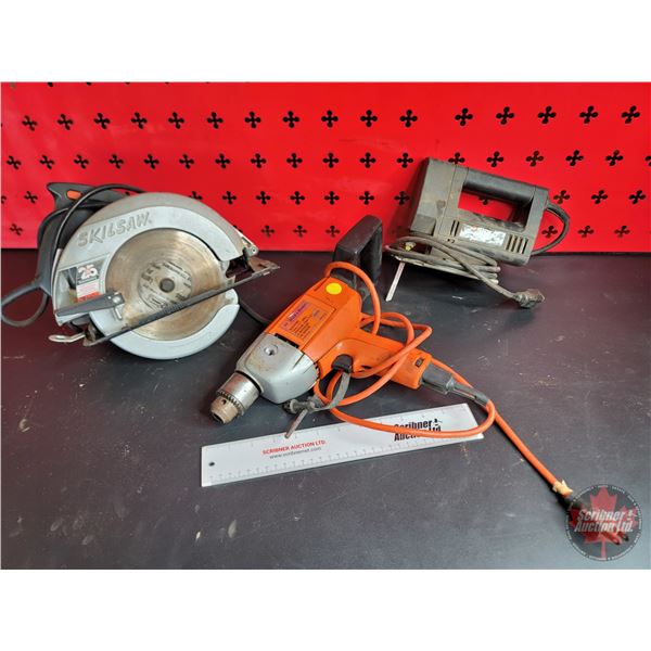 Power Tool Trio : 7-1/4" Skil Saw ; Black & Decker 1/2" Drill ; Black & Decker Jig Saw