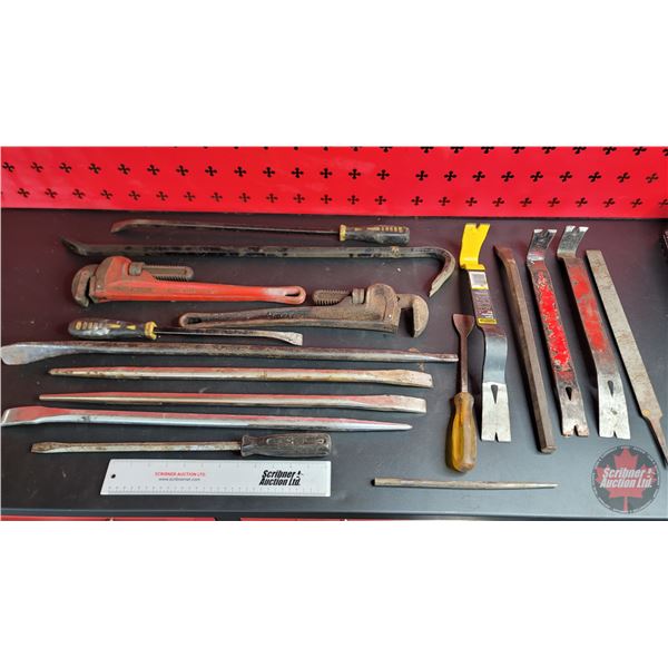 Grouping: Variety of Pin Bars; Gooseneck; Pipe Wrenches; Pry Bars; File