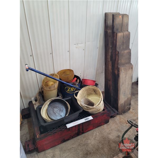 Grouping: Large Oil Drain Pan; Funnels; Wood Truck Ramps
