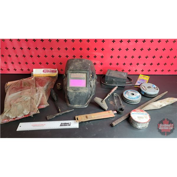 Grouping: Auto Darkening Welders Helmet; Welding Gloves (2 New Pairs); Chipping Hammer; Vise Grips; 