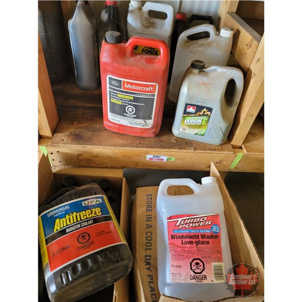 Shelf Lot Grouping ~ Shop Fluids : Antifreeze; Windshield Washer Fluid (Mostly Full)