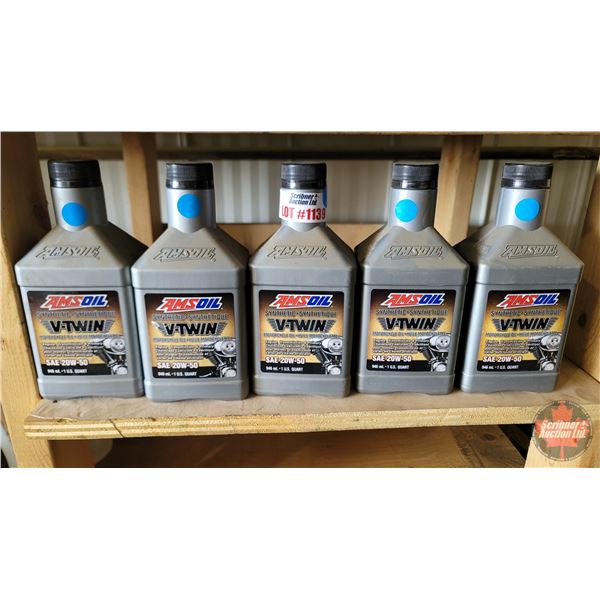 Shelf Lot : AMS OIL Synthetic V-Twin : SAE20W50 : Motorcycle Oil : (5) US Quart Bottles (FULL)