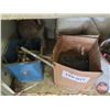 Image 13 : Metal Shop Cabinet with Contents : Travel Mug; Walkie-Talkies; Vintage Cig Tins; Nails; etc!