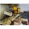 Image 7 : Metal Shop Cabinet with Contents : Travel Mug; Walkie-Talkies; Vintage Cig Tins; Nails; etc!