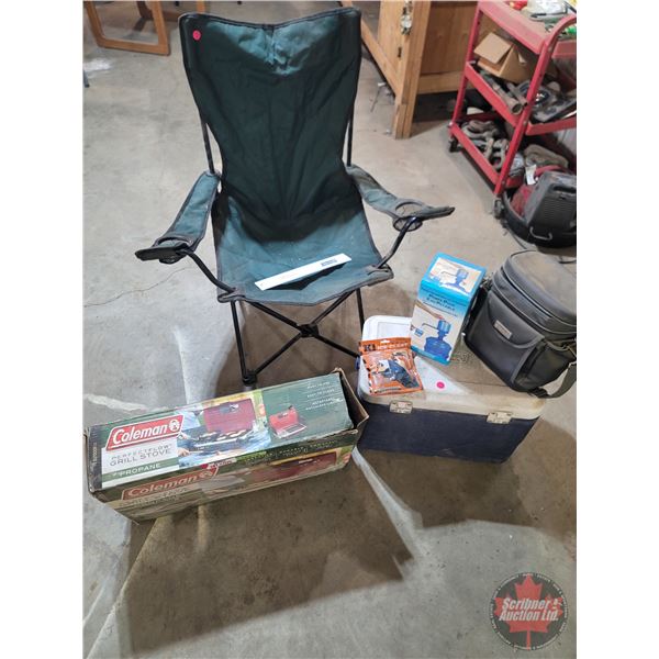 Camping Combo: Lawn Chair; Propane Camp Stove; Water Pump; Plastic Cutlery; Cooler