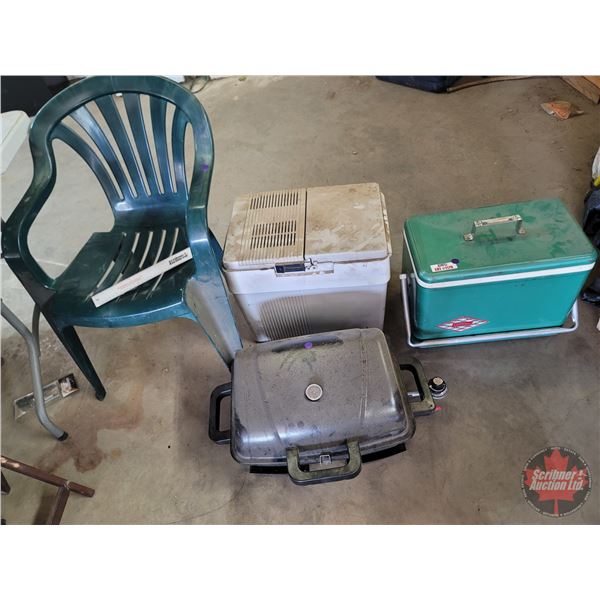 Camping Combo: Table Top Propane BBQ; Coleman Metal Cooler; Koolatron 12v Cooler; Plastic Chair