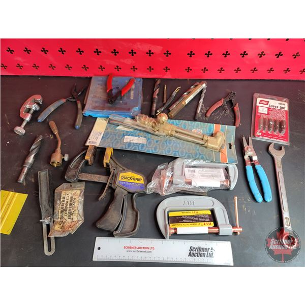 Grouping: Cutting Torch Head; C-Clamps; Bar Clamp; Angle Finder; etc