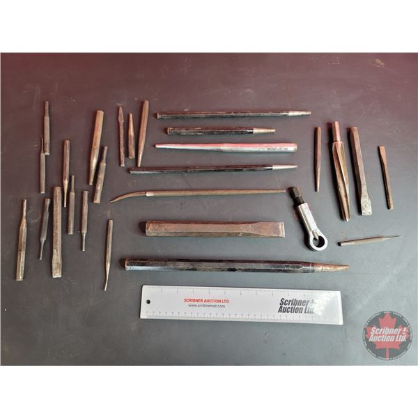 Grouping: Variety Cold Chisels; Punches; Reemer; Round File; Nut Cracker