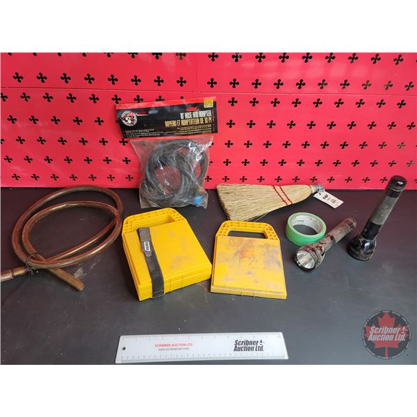 Grouping: RV Jack Pads; Syphon Hose; Propane Hose; Mag Lights; Whisk Broom; Masking Tape